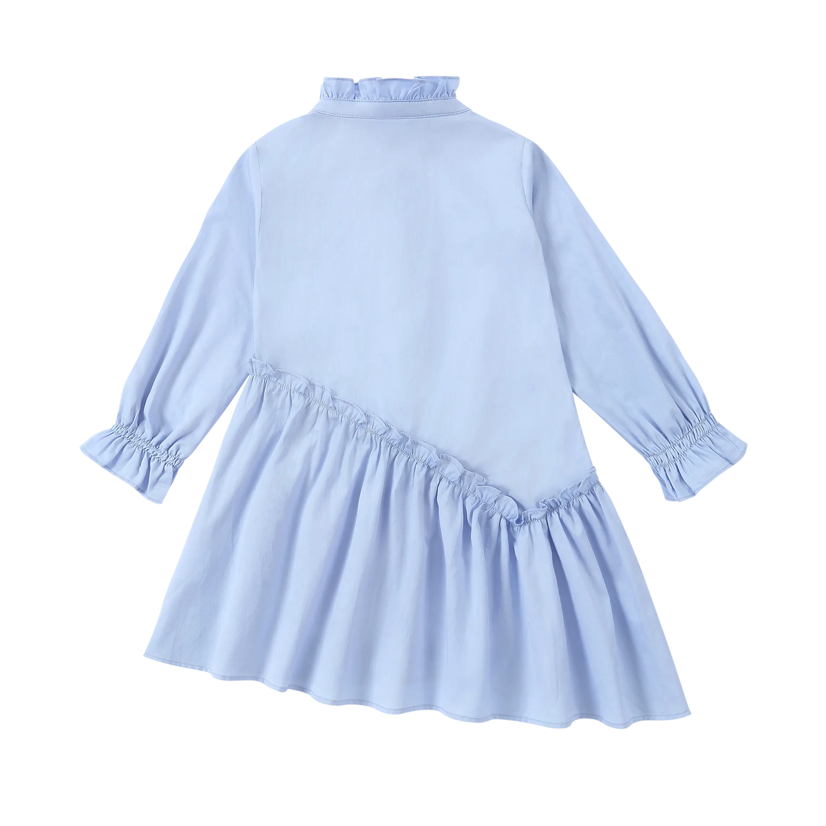 Back view of blue poplin dress, highlighting the asymmetrical seam and long sleeves with elasticated cuffs.