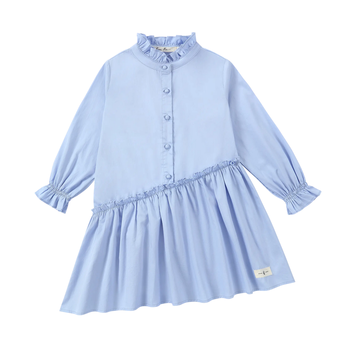 Puvu Pior® sky blue poplin dress with asymmetrical ruffle, mock neck, and front button placket.