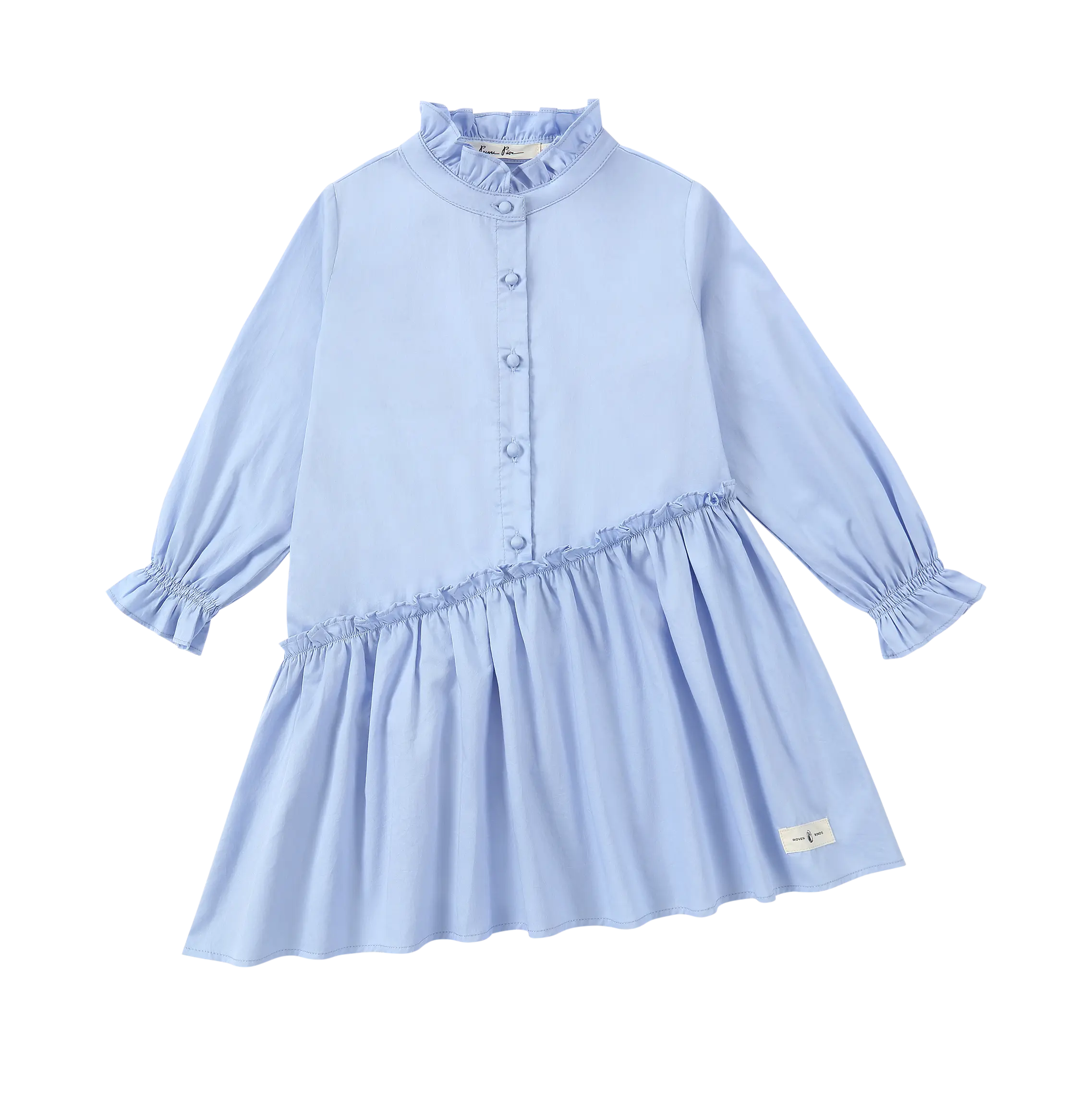 Puvu Pior® sky blue poplin dress with asymmetrical ruffle, mock neck, and front button placket.
