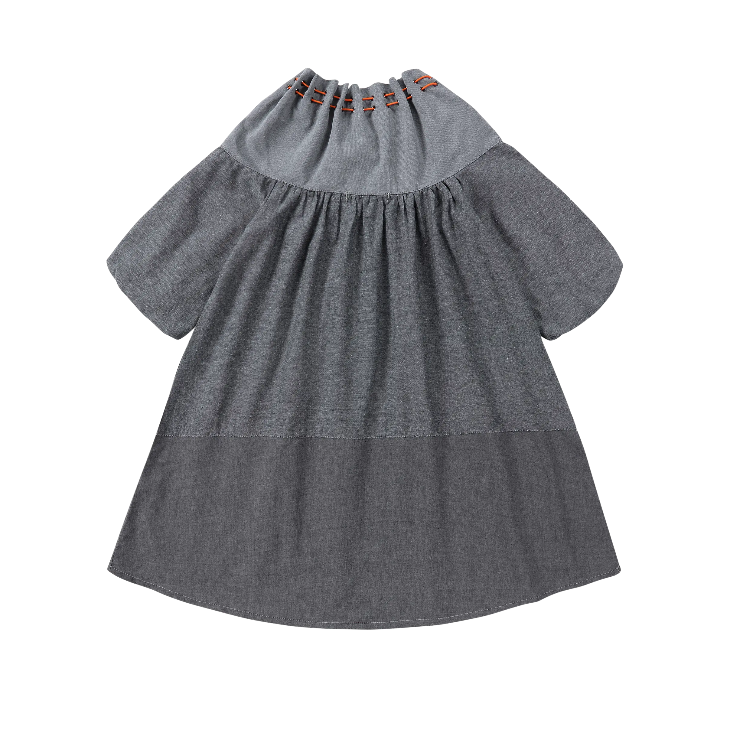 Back view of Puvu Pior® chambray dress, showcasing the gathered collar, two-tone colorblock panel, and high-low hem.