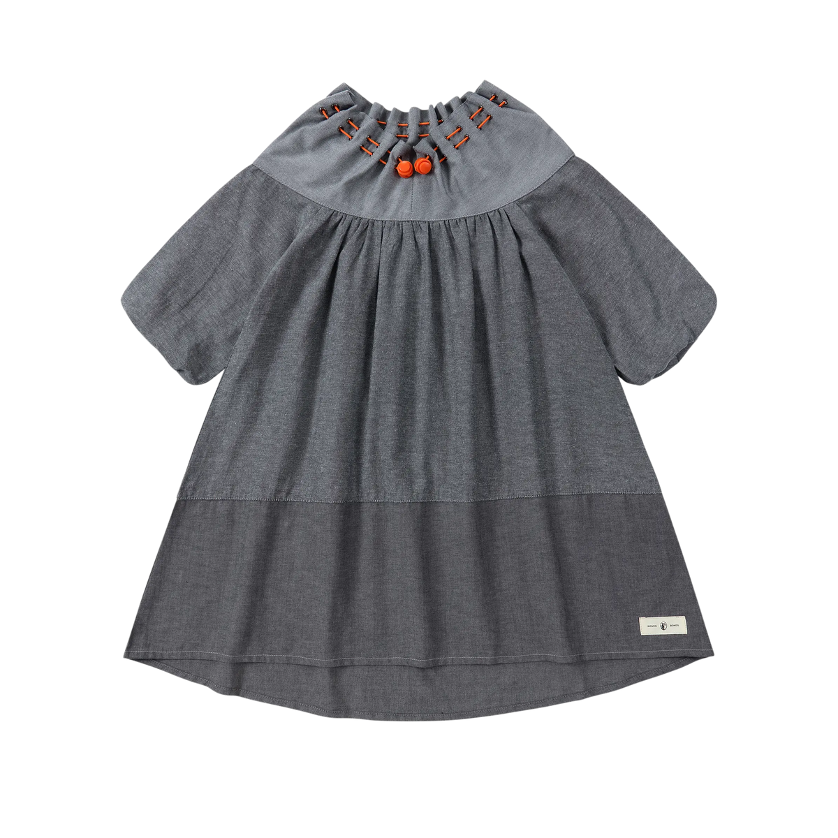 Puvu Pior® dark chambray colorblock dress with gathered drawstring collar, contrast orange stitching, and short sleeves.