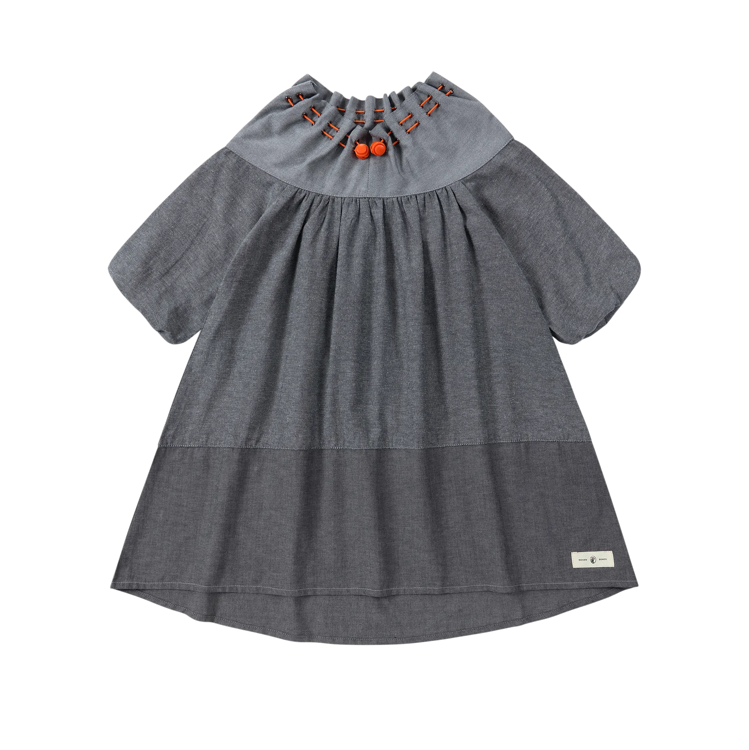 Puvu Pior® dark chambray colorblock dress with gathered drawstring collar, contrast orange stitching, and short sleeves.
