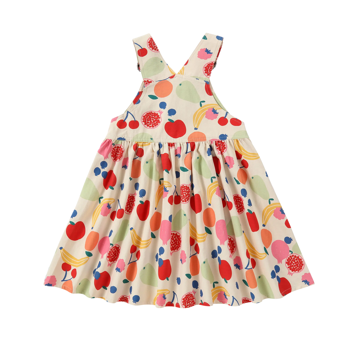 Back view of Puvu Pior® colorful fruit print pinafore, showing criss-cross straps and deep V-back design.