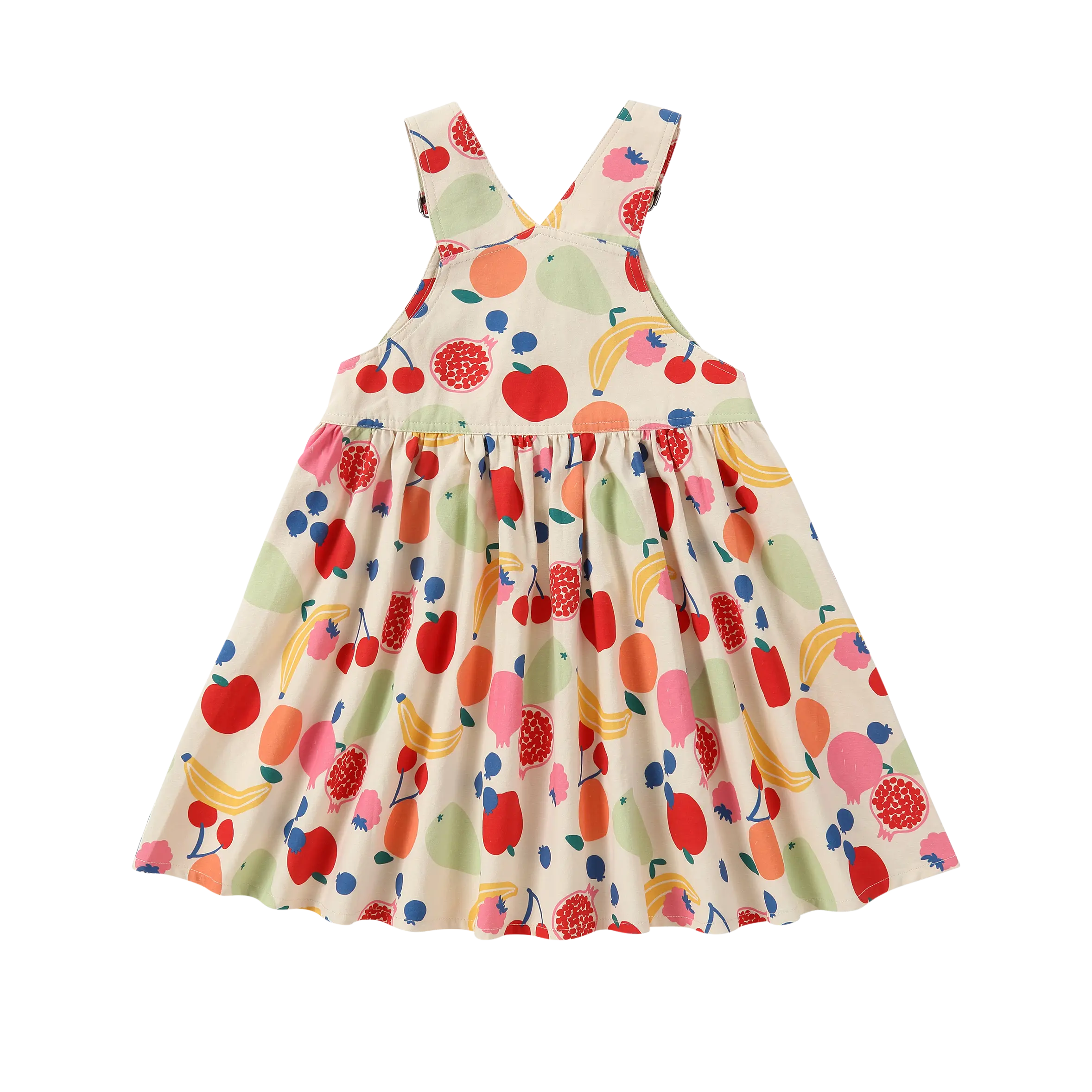 Back view of Puvu Pior® colorful fruit print pinafore, showing criss-cross straps and deep V-back design.