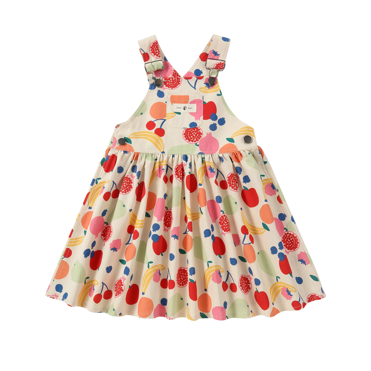 Puvu Pior® girl's multi-color fruit print pinafore dress, featuring adjustable straps and gathered skirt.