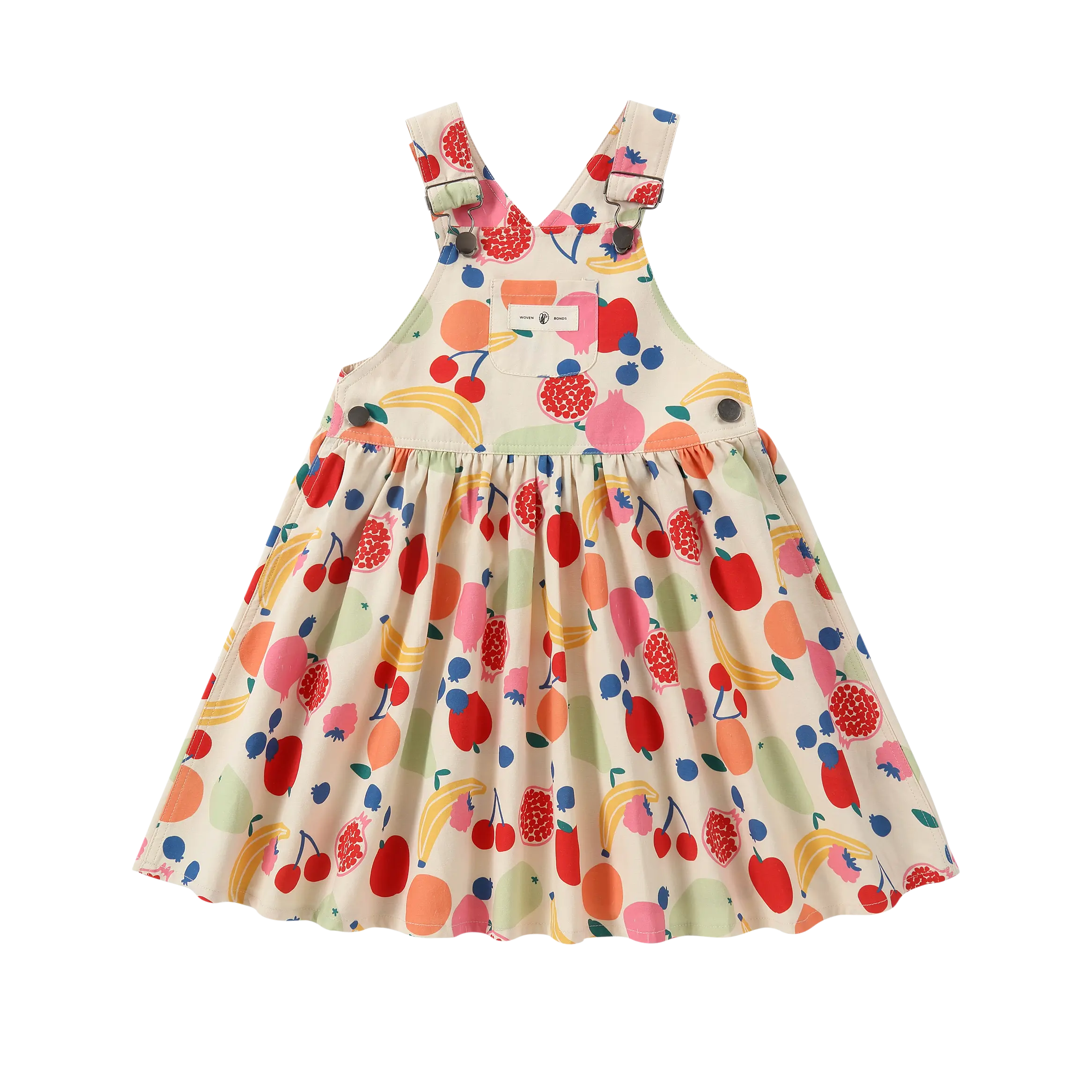 Puvu Pior® girl's multi-color fruit print pinafore dress, featuring adjustable straps and gathered skirt.