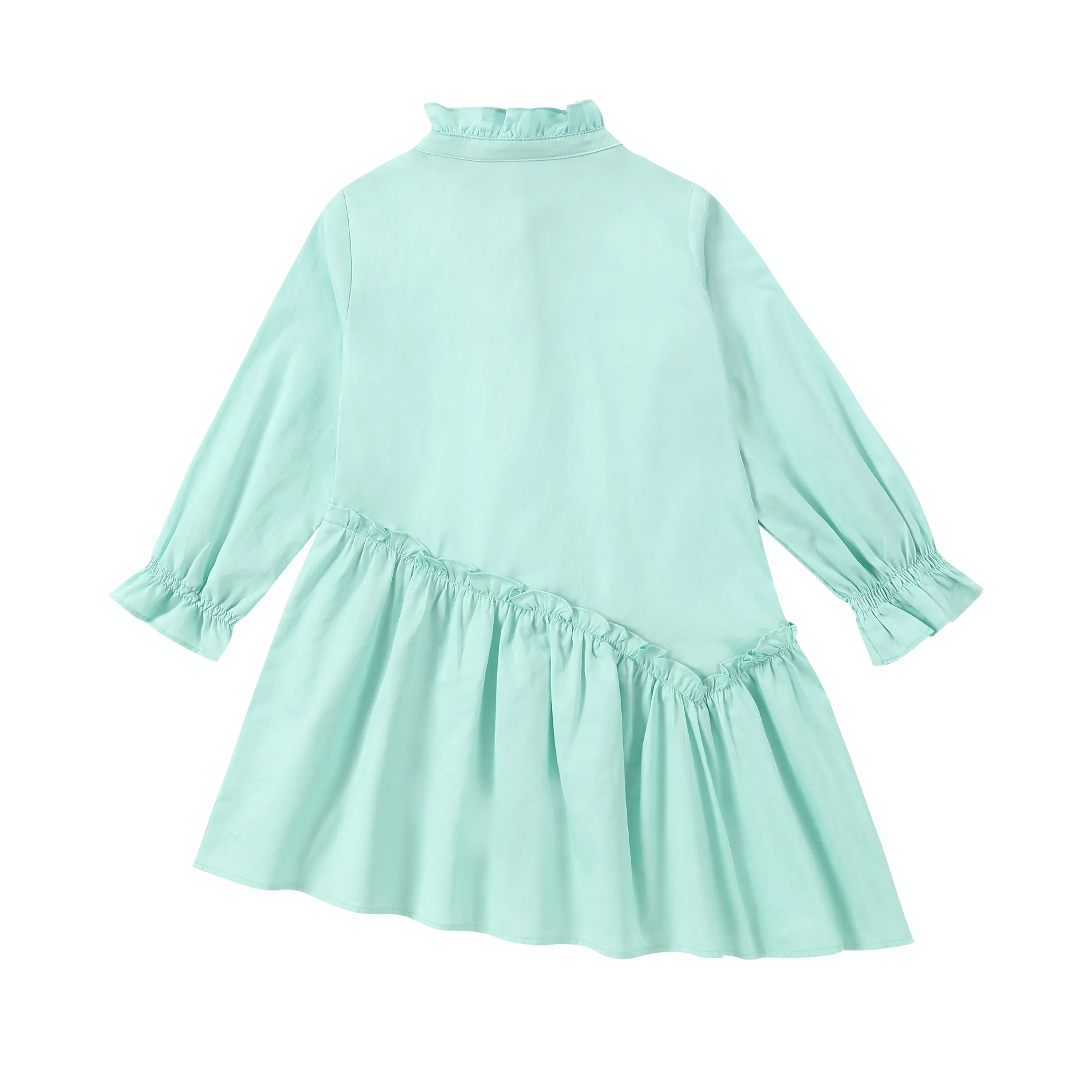 Back view of Puvu Pior® mint green dress, showcasing the unique asymmetrical tiered seam detail and long cuffs.