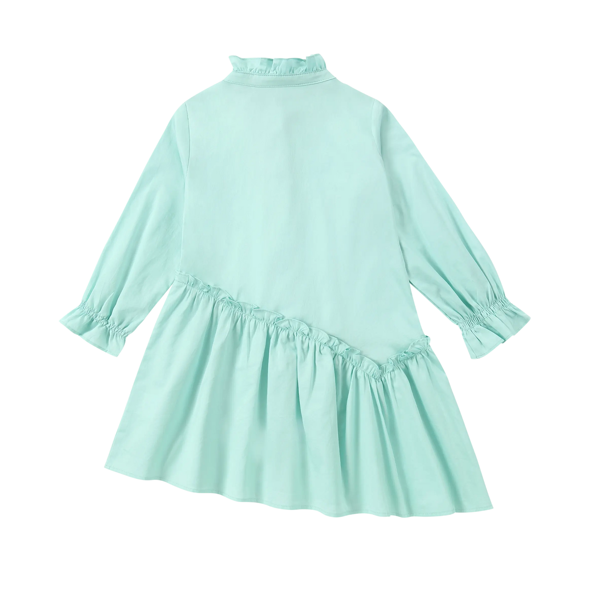 Back view of Puvu Pior® mint green dress, showcasing the unique asymmetrical tiered seam detail and long cuffs.
