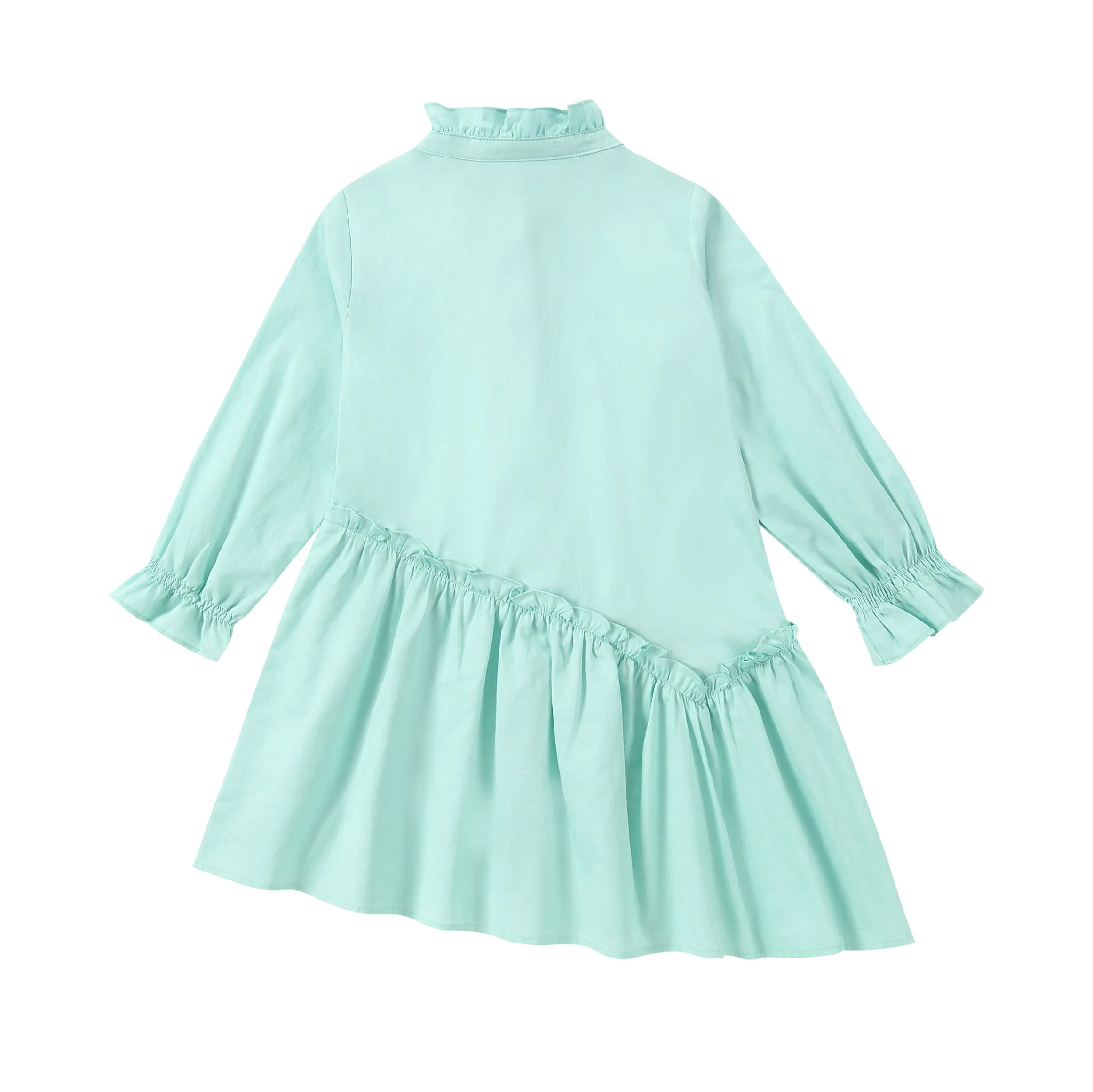 Back view of Puvu Pior® mint green dress, showcasing the unique asymmetrical tiered seam detail and long cuffs.