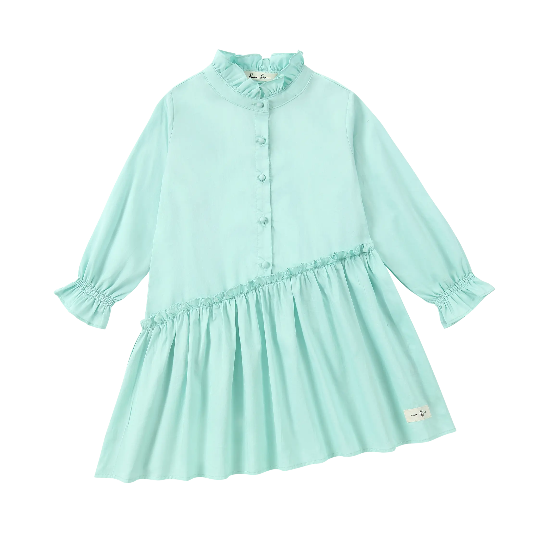 Puvu Pior® girl's designer dress in mint green poplin, featuring asymmetrical ruffle and mock neck.