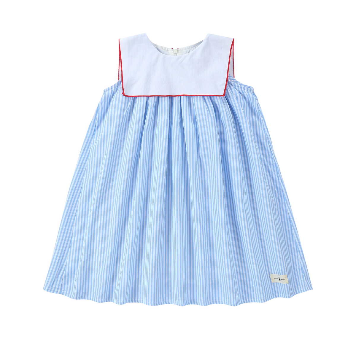 Puvu Pior® sleeveless dress in light blue and white stripes, featuring a white sailor collar with red piping.