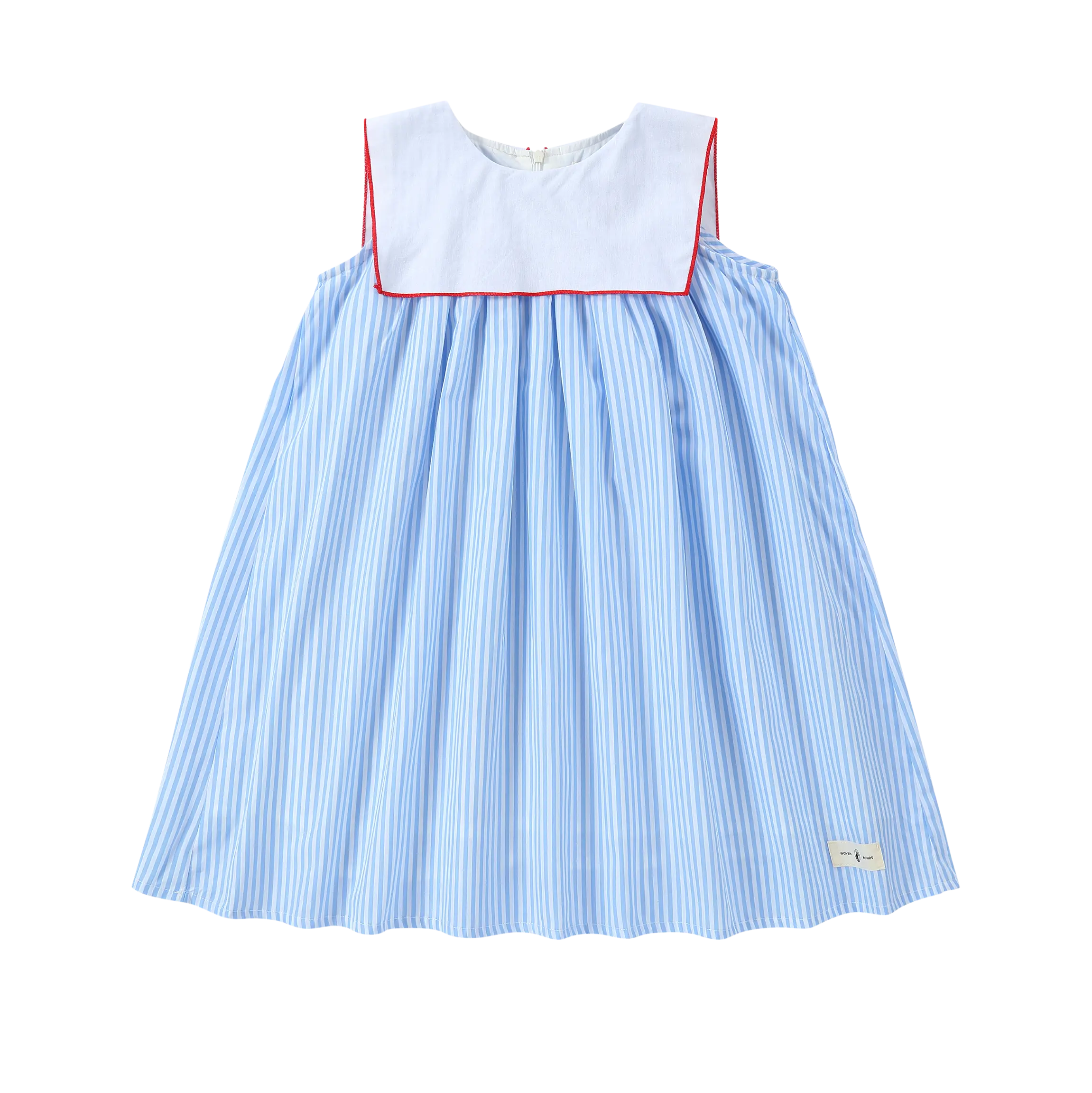 Puvu Pior® sleeveless dress in light blue and white stripes, featuring a white sailor collar with red piping.