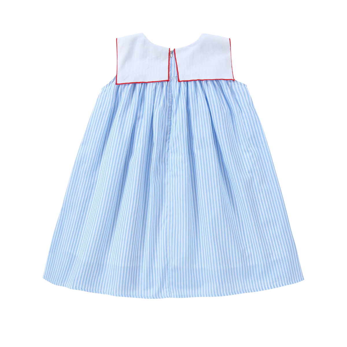 Back view of Puvu Pior® blue striped dress, showcasing the white sailor collar and back zipper detail.