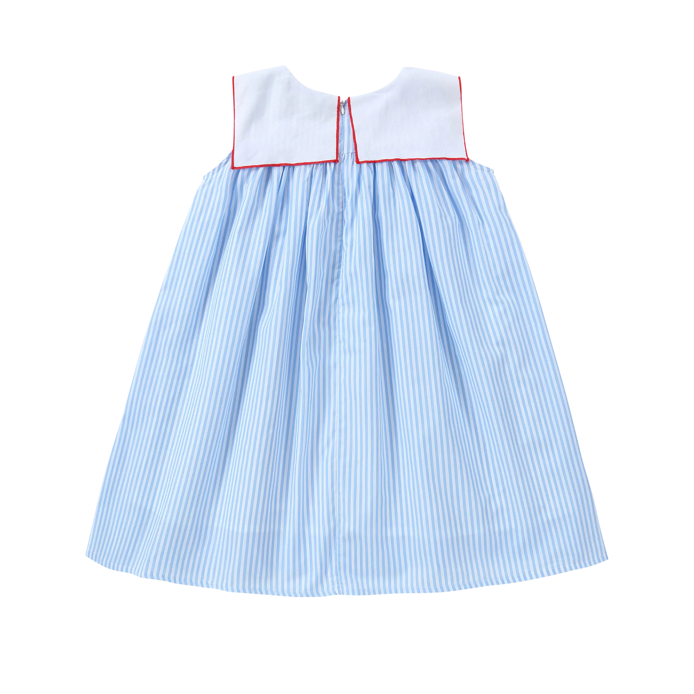 Back view of Puvu Pior® blue striped dress, showcasing the white sailor collar and back zipper detail.