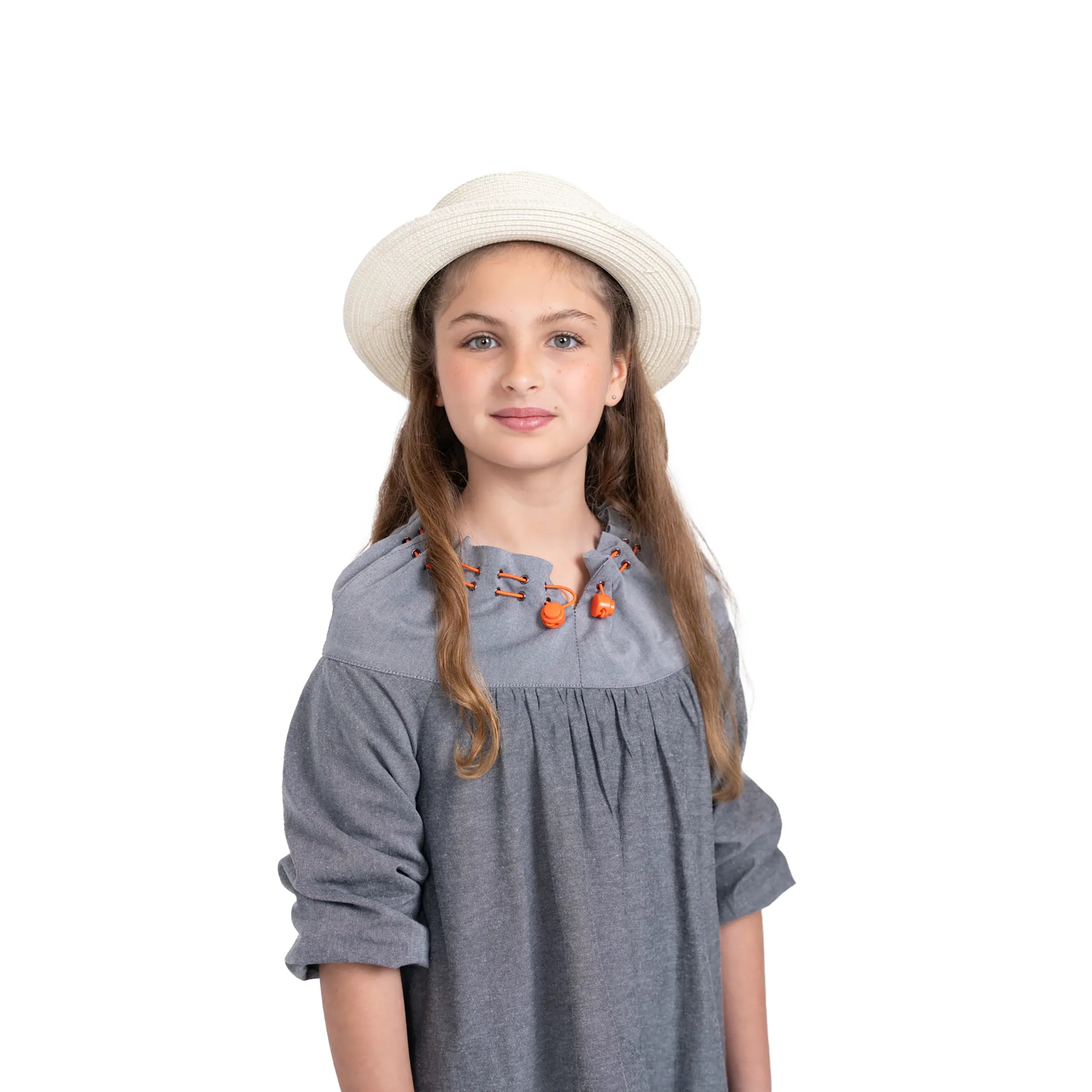 Close-up of Puvu Pior® chambray dress, highlighting the gathered drawstring collar, orange toggles, and straw hat styling.